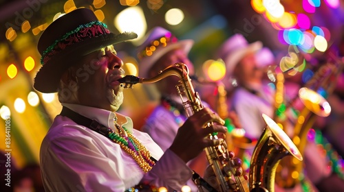 Mardi Gras in New Orleans has vibrant parades, floats, beads, and jazz, creating an unforgettable carnival. photo