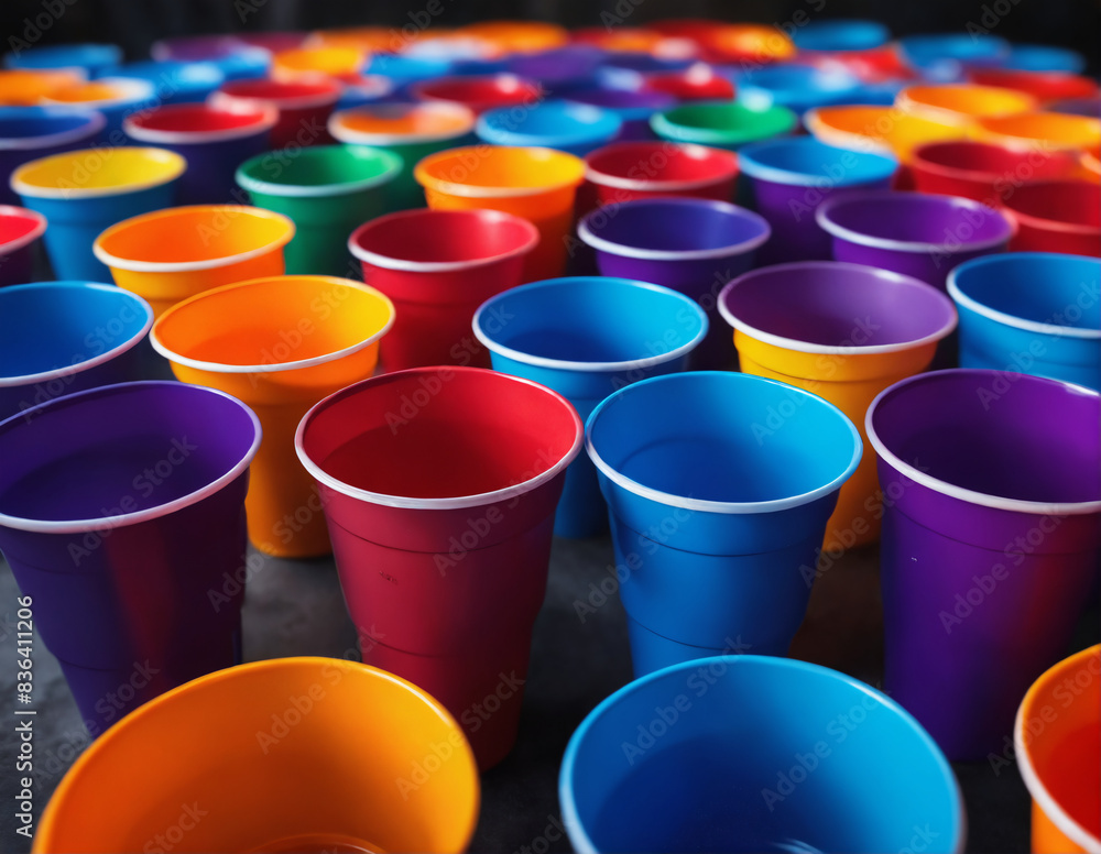 Colorful plastic cups arranged in rows on a table Colorful plastic cups arranged in rows on a table