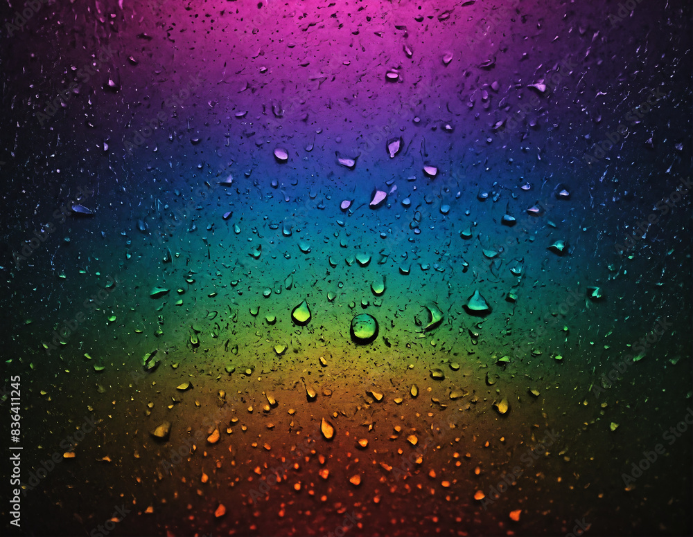 Multicoloured water droplets on an iridescent surface Multicoloured water droplets on an iridescent surface