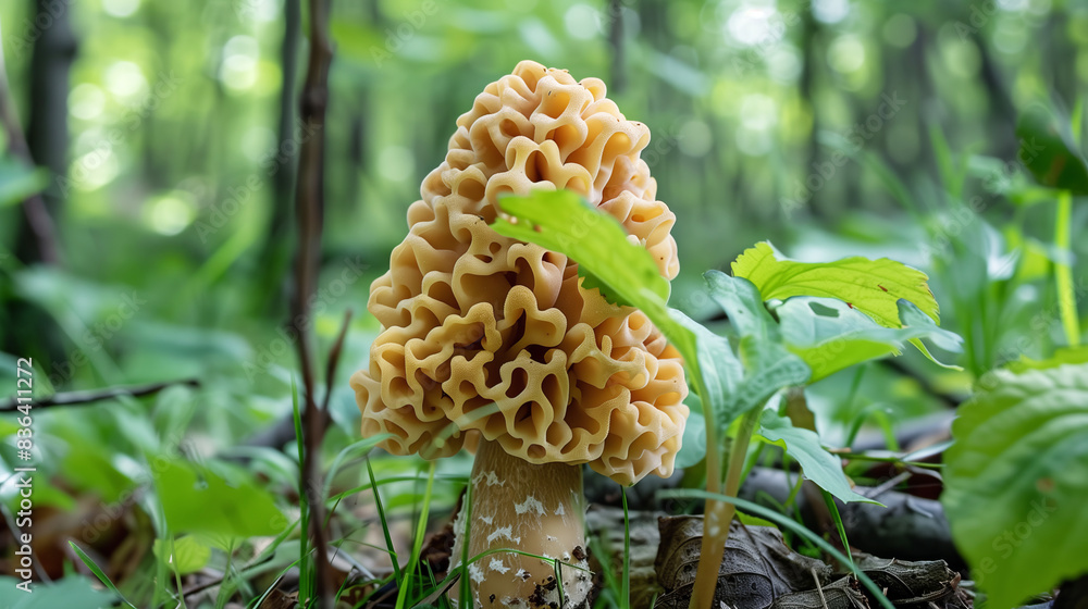 Close-up of a growing Morel mushroom among various forest greenery on a sunny day against the backdrop of the forest. Mushroom picking Close-up of a growing Morel mushroom among various forest greenery on a sunny day against the backdrop of the forest. Mushroom picking