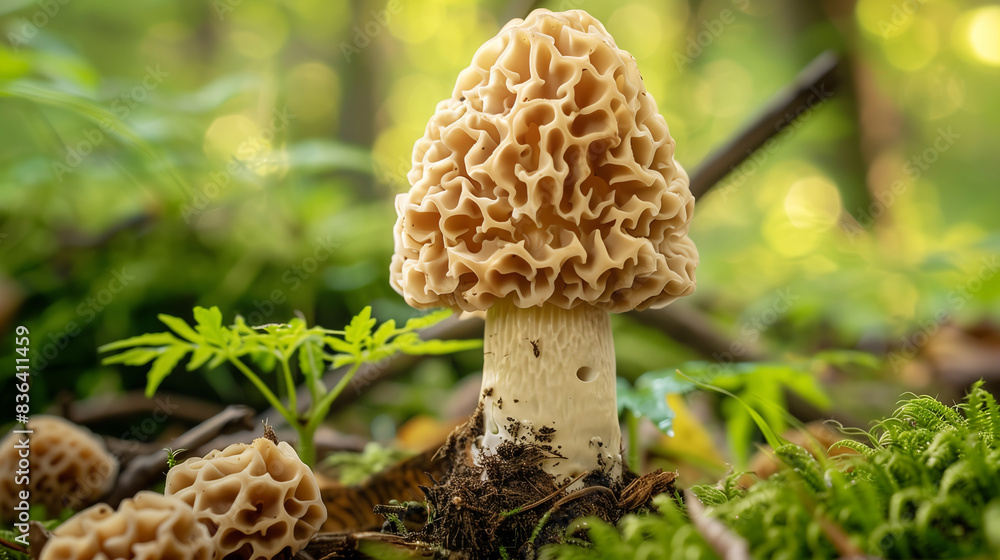 Lonely growing morel mushroom among green grass in the forest. Mushroom picking Lonely growing morel mushroom among green grass in the forest. Mushroom picking