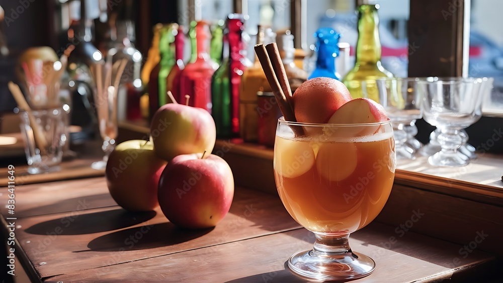 Obraz premium Apple cider in the glass and bottles in cafe