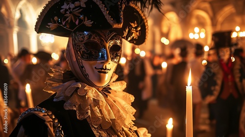 A Venetian Carnival ball features masks, period costumes, and a mystical, candle-lit atmosphere of elegance. © klss777