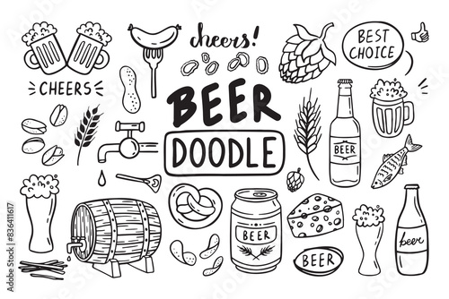 Doodle beer outline set. Hand drawn pub elements.