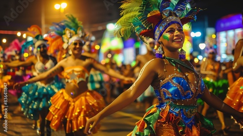 A vibrant Brazilian carnival parade with dancers in colorful costumes dazzles under city lights.