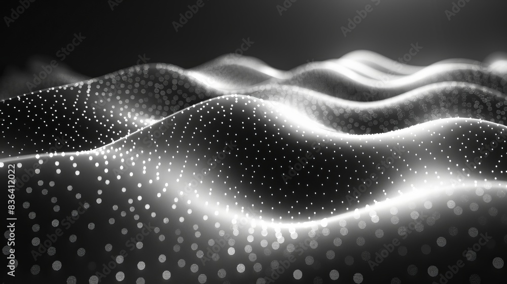 Music waves over an abstract background with intertwining lines and dots. 3D render. Music waves over an abstract background with intertwining lines and dots. 3D render.