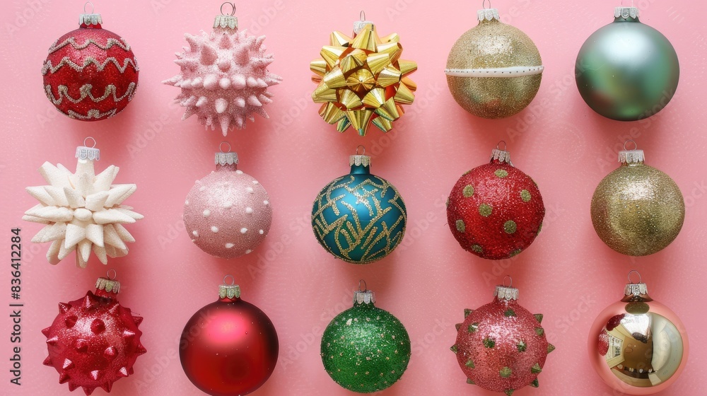 Assorted Christmas Ornaments on Pink Paper Background from Above Assorted Christmas Ornaments on Pink Paper Background from Above