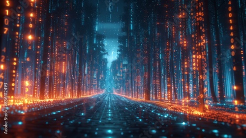A 3D rendering of an abstract highway path framed by digital binary towers in a city. Its concept is related to big data, machine learning, artificial intelligence, hyper loops, virtual reality, and