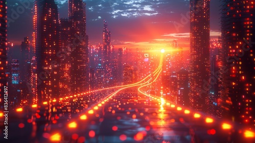 Abstract highway path through digital binary towers in a city. Big data, machine learning, artificial intelligence, hyper loops, virtual reality.