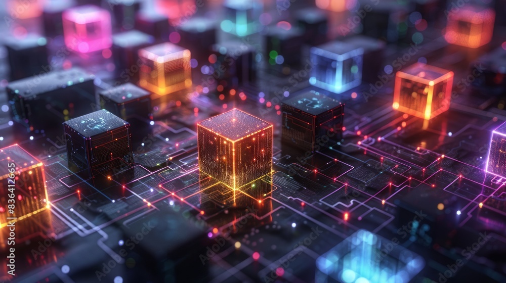 Fototapeta premium Isometric modern illustration of Big Data, AI, and cloud solutions for online schools, classes, and courses. Abstract datacenter or blockchain network background.