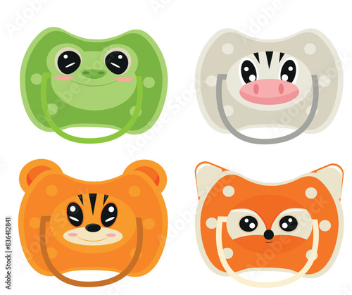 set of colored pacifiers with animal faces, namely with the face of a frog, a tiger, a fox and a zebra, for design, printing or packaging