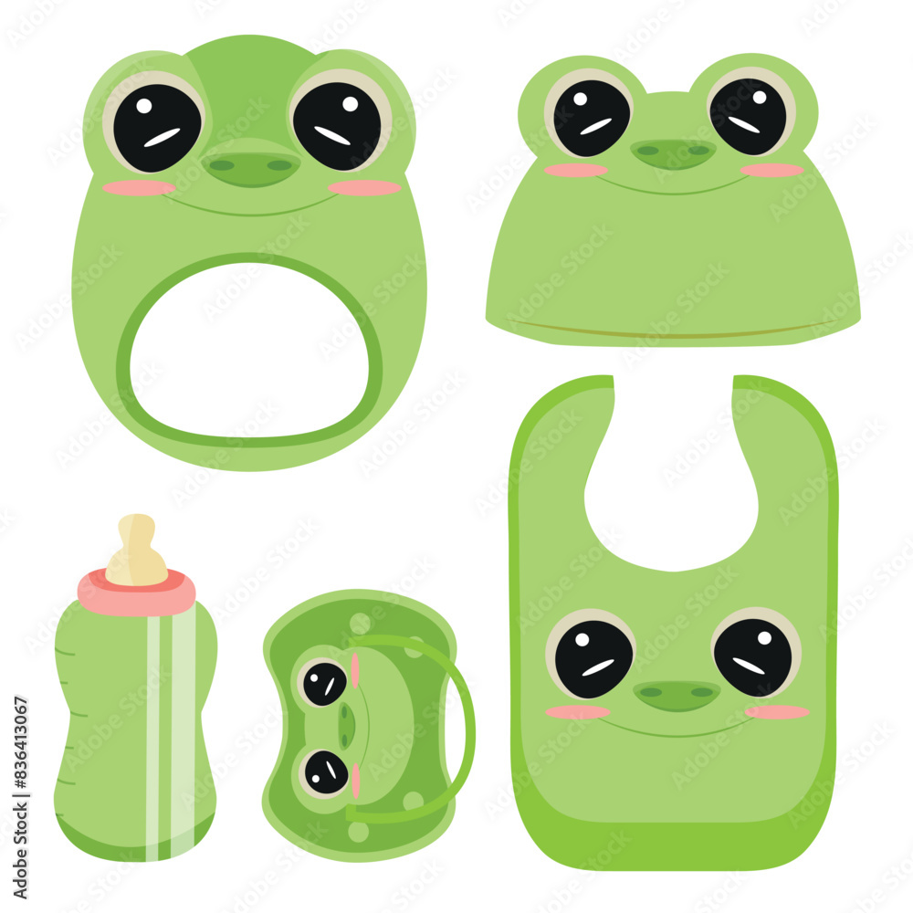 Fototapeta premium set of children's items, namely, a rattle toy, a pacifier, a feeding bottle, a bib and a hat, with an image of an animal, namely a frog, for packaging, design or textile