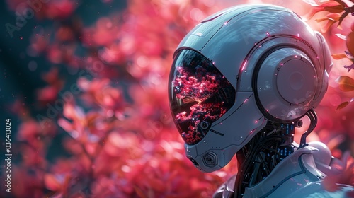 A vibrant and colorful modern illustration of modern robot artificial intelligence connected to human brain. Augmented intelligence, human intelligence enhancement, AI human support concept.