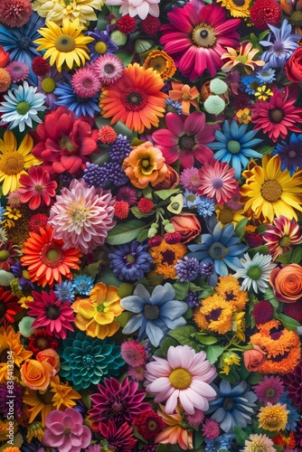 Flowers wall background with amazing red, orange, pink, purple, green and white flowers. Wedding decoration. Beautiful flower wall background. Space for text. 
