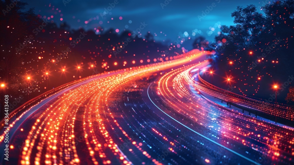 The digital data flow along a road is pictured with the concept of cyber global communication and coding, paired with a graphic that shows the fast speed transfer of data to demonstrate agile digital The digital data flow along a road is pictured with the concept of cyber global communication and coding, paired with a graphic that shows the fast speed transfer of data to demonstrate agile digital