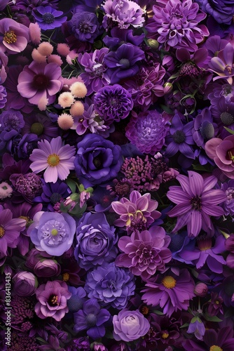 Purple colored flower wall background. Decoration for celebrating wedding or birthday. Vertical format design for phone wallpaper or invitation. Space for text.