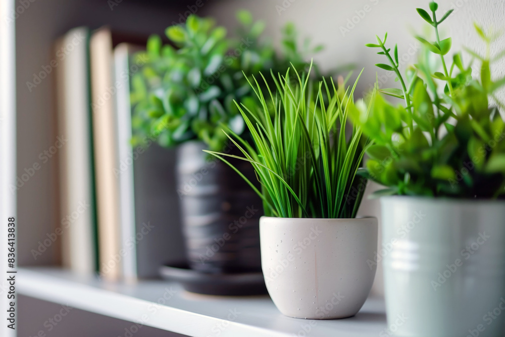 Potted houseplants on a living room shelf, for modern interior design and decor Potted houseplants on a living room shelf, for modern interior design and decor