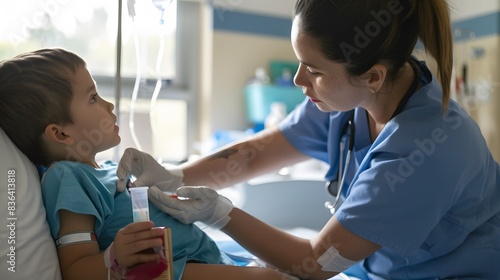 Female nurse in blue scrubs administering medication to a young boy in a hospital setting, emphasizing compassion and healthcare support.