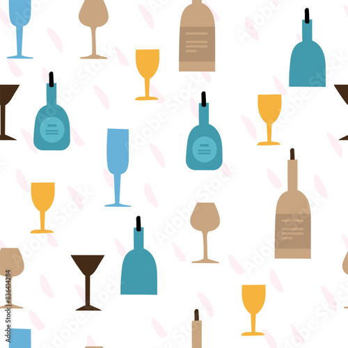 seamless pattern of coloured flat wineglasses and bottles on white background