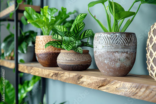 Beautiful green houseplants on a living room shelf, adding natural decor elements