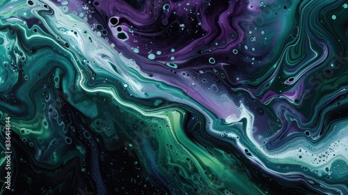 Acrylic liquid splash wave background design in shades of green purple and black © Emin