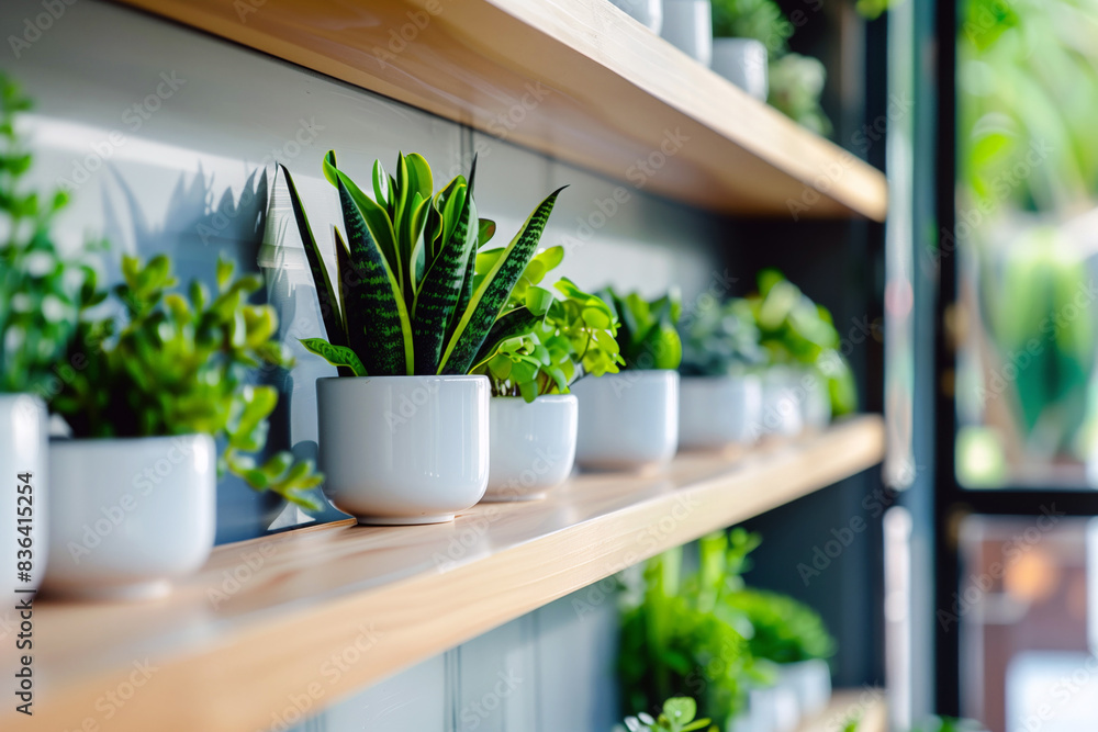 Potted houseplants on a shelf, for natural decor in a modern living room