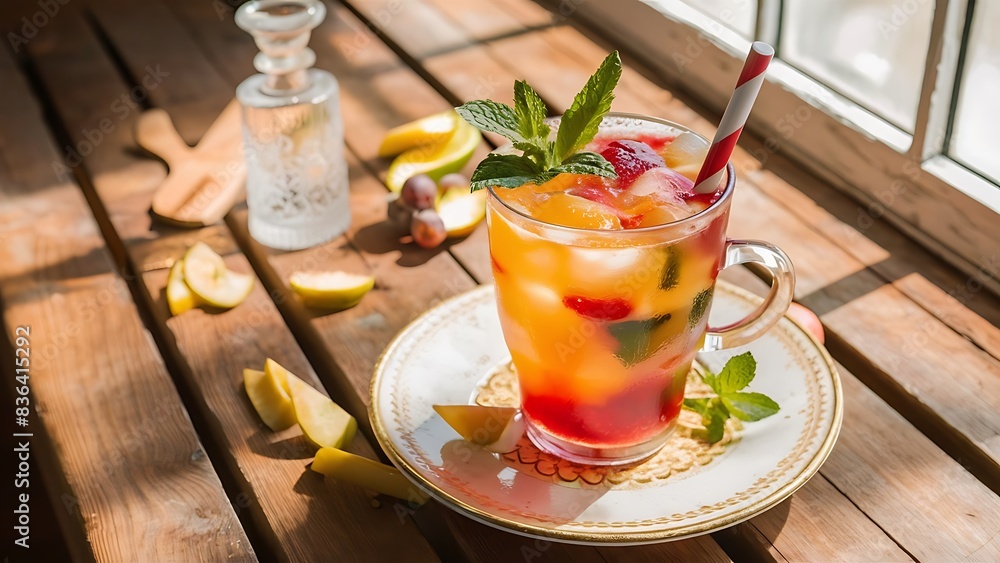 Italian soda with mint leaves on ice colorful of fruit juice on wooden table Italian soda with mint leaves on ice colorful of fruit juice on wooden table