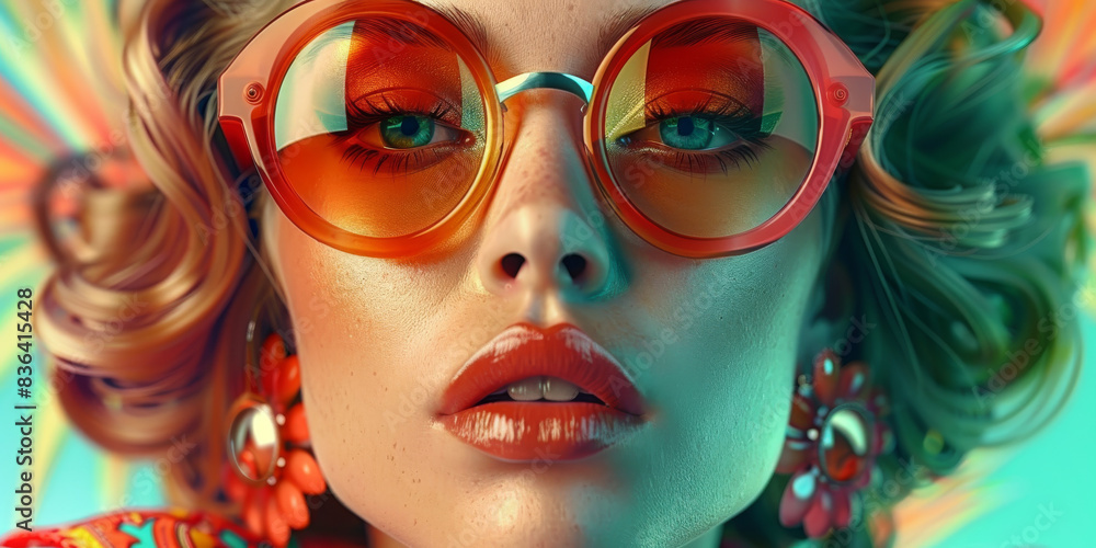 Obraz premium Retro style pastel colors summer background. Fashion woman wearing big sunglasses.