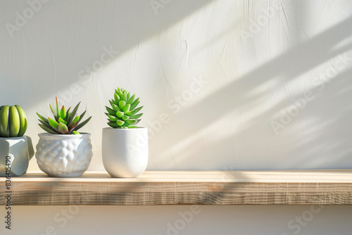 Indoor plants succulents in white pots on a wooden shelf, copy space