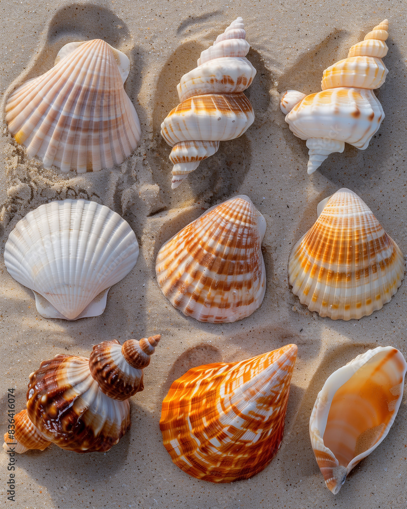 A Collection of Seashells Arranged on a Sandy Beach, Showcasing Various Colors and Patterns, Capturing the Beauty of Marine Life A Collection of Seashells Arranged on a Sandy Beach, Showcasing Various Colors and Patterns, Capturing the Beauty of Marine Life