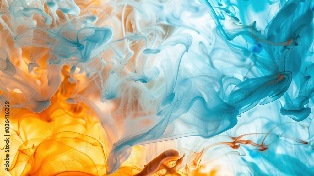 Obraz premium Sky blue and amber paint cascading, Ink Enchantment, gentle radiance emanates from fluid flows, macro photo