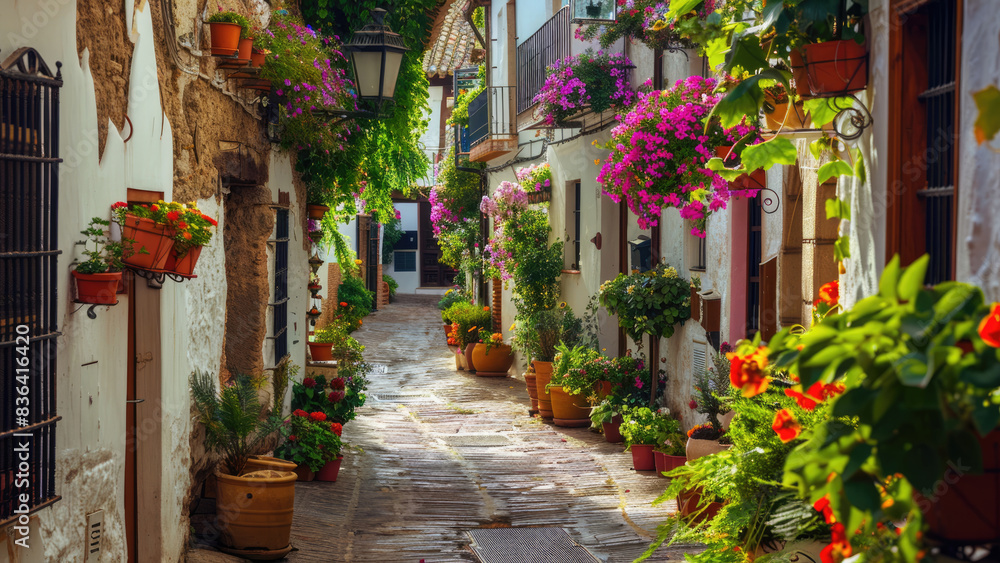Naklejka premium Charming Narrow Alleyway with Colorful Flower Pots and Cobblestone Path in a Mediterranean Village