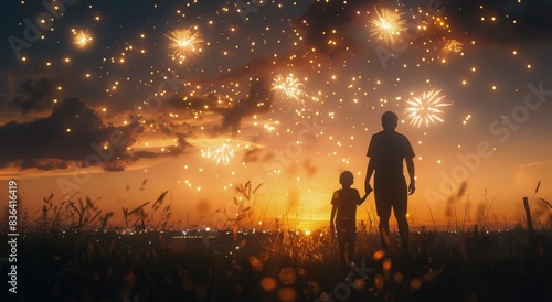 Two Silhouettes Watching Fireworks Over a Cityscape at Night