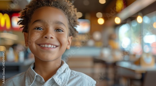 Smiling Young Girl With Curly Hair in a Public Space
