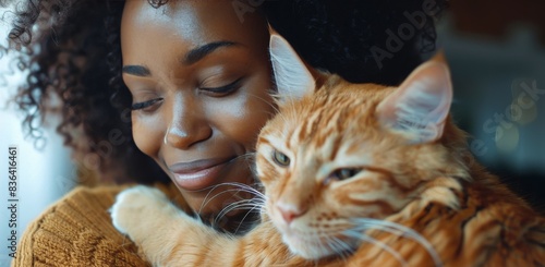 Woman Cradling Orange Tabby Cat With Eyes Closed