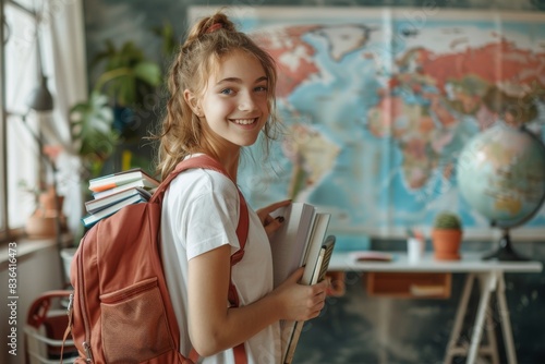 Smiling Teenage Girl With Books and Backpack in Classroom