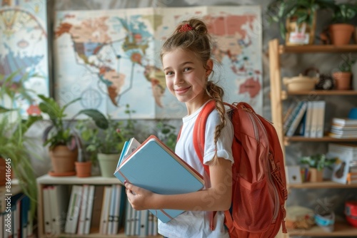 Young Girl With Backpack Reading a Book in a Classroom
