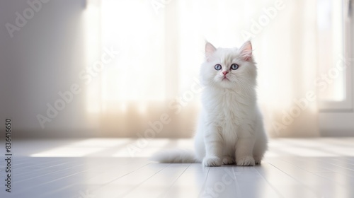 Little cute white kitten. Pet loving idea