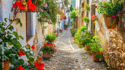 Charming Narrow Alleyway with Colorful Flower Pots and Cobblestone Path in a Mediterranean Village   © Kara