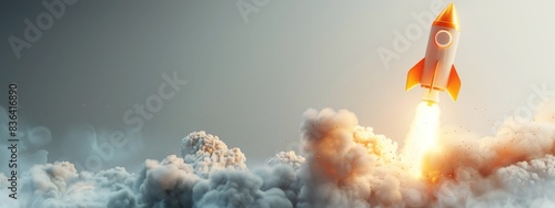 White Rocket Launching Through Clouds With Fiery Exhaust