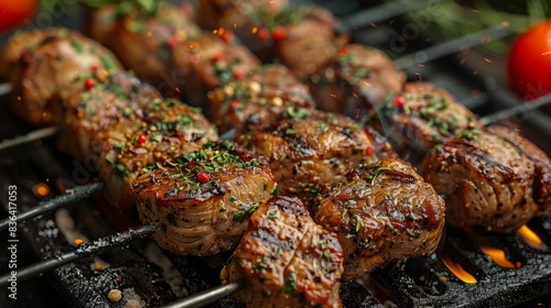 A traditional eastern dish, shish kebab, is grilled on metal skewers (grill). Roasted meats cook at the barbecue with smoke. A close-up of a grilled pork chop on a grill. photo