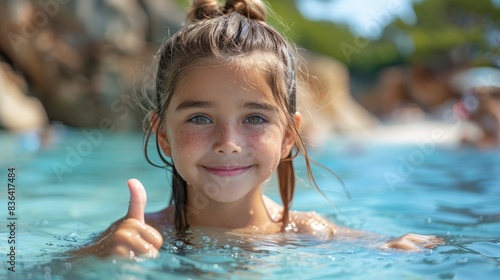 An adorable little girl shows her thumb up while swimming in the sea on a warm summer day. We are enjoying our vacation with our kids.