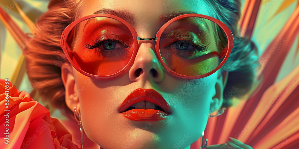 Obraz premium Retro style pastel colors summer background. Fashion woman wearing big sunglasses.