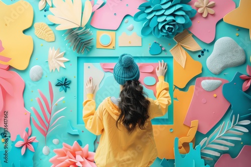 A woman is seen from behind as she interacts with a colorful and whimsical paper art installation featuring playful shapes, creating engaging graphics for social media posts. Social media manager