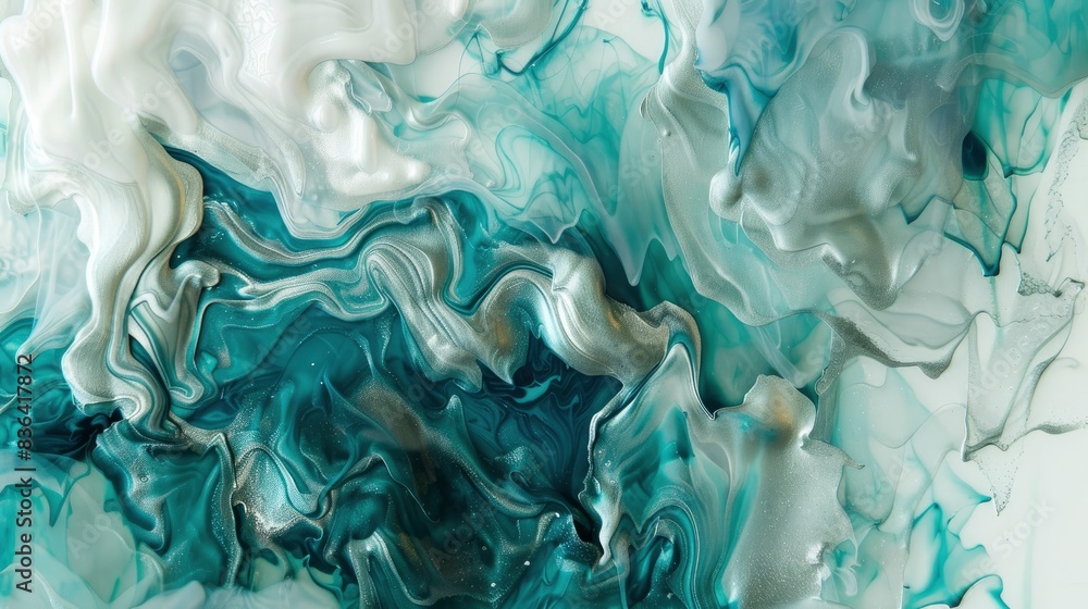 Teal and silver paint intertwining, Ink Mirage, delicate luminescence seeps from fluid waves, abstract art photo Teal and silver paint intertwining, Ink Mirage, delicate luminescence seeps from fluid waves, abstract art photo