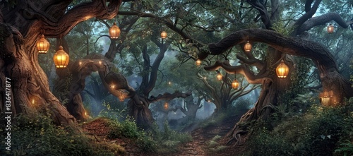 A mystical forest with giant trees  hanging lanterns and an ancient path leading to the heart of it all. A fantasy world filled with enchantment and magic. High resolution  detailed  realistic