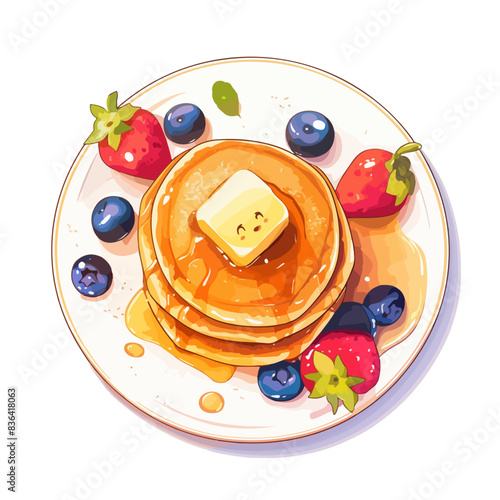 Pancakes served with a luscious topping of honey syrup and a burst of vibrant strawberries and blueberries. Fluffy pancakes drizzled with warm honey syrup with a strawberries, blueberries, and butter.