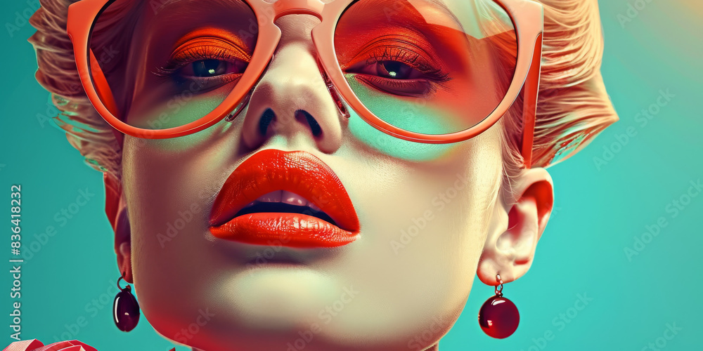 Fototapeta premium Retro style pastel colors summer background. Fashion woman wearing big sunglasses.