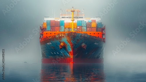 Containers adorn the massive hull of a huge cargo ship photo