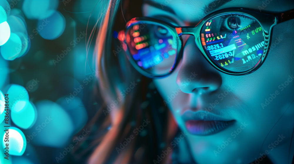 Women in glasses reading html scripts, programming and cyber security research, plus data analytics and holograms of data. A coding or IT person in glasses is reading html scripts, programming and Women in glasses reading html scripts, programming and cyber security research, plus data analytics and holograms of data. A coding or IT person in glasses is reading html scripts, programming and